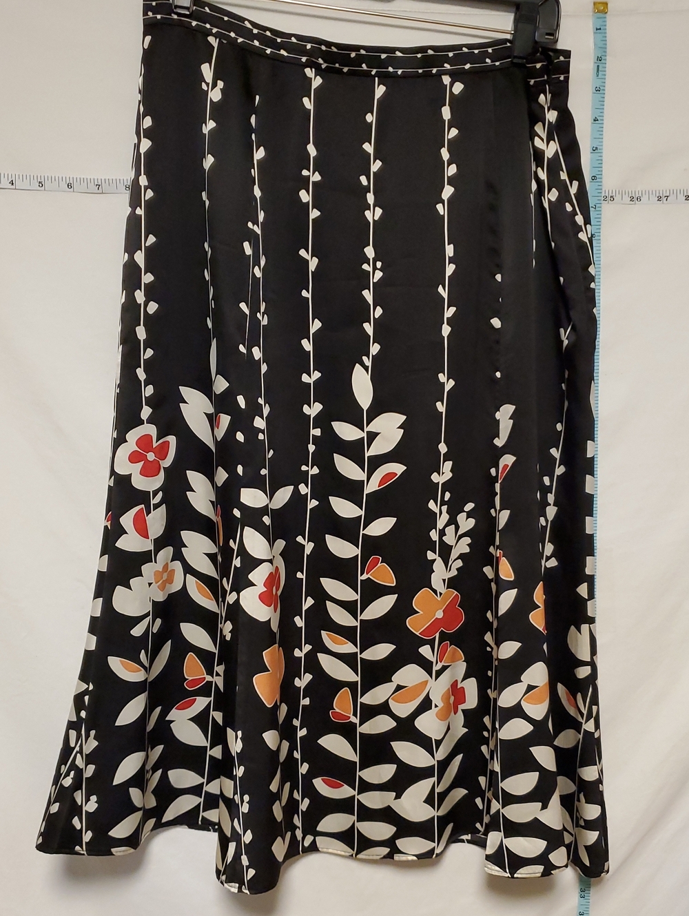 Talbots Black Silk A-Line Skirt White Vine Red Orange Floral 12 Feminine Luxury